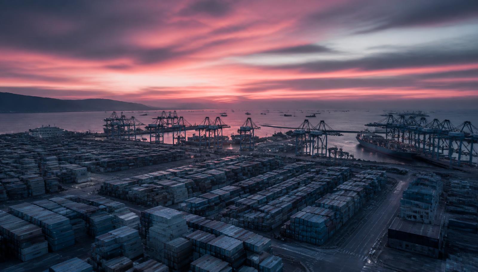 Container port at dawn representing global halal trade